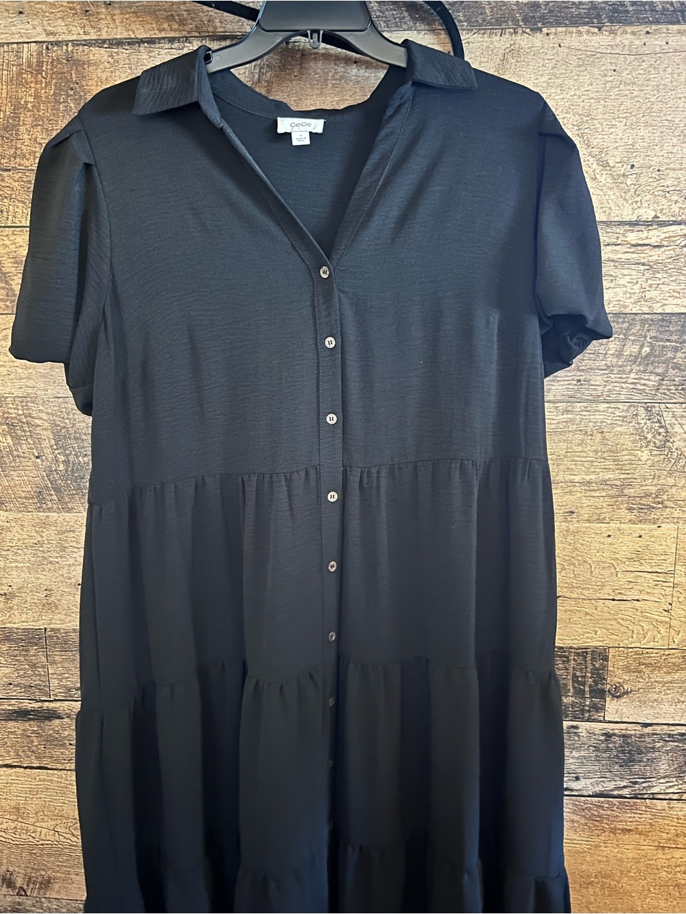 CeCe Black Tiered Button Front Midi Dress Size 1X Short Sleeve